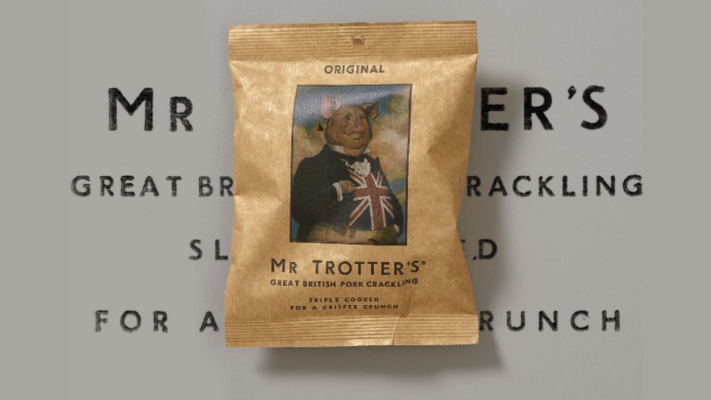 A packet of Mr Trotters pork scratchings